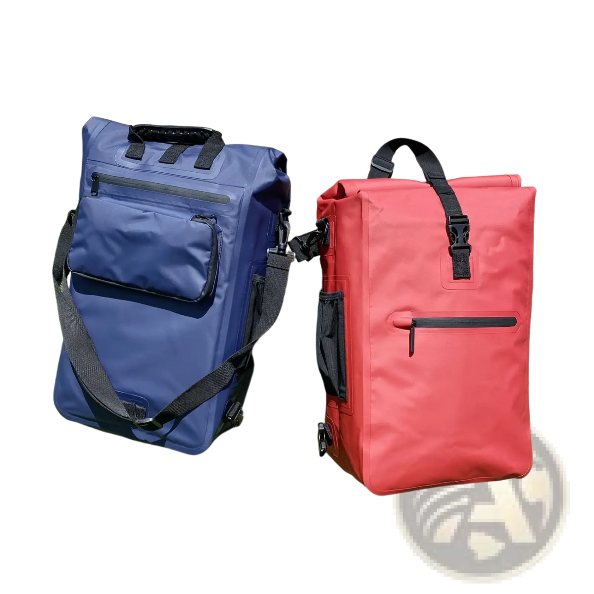 Waterproof bike pannier backpack 3 in 1 in blue and red with roll-top design and black straps and zippers shown from the back