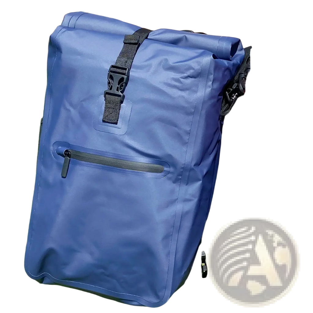 Blue waterproof roll-top bike pannier backpack 3 in 1 with black straps and zipper accents shown from the back side