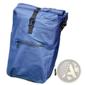 Blue waterproof roll-top bike pannier backpack 3 in 1 with black straps and zipper accents shown from the back side