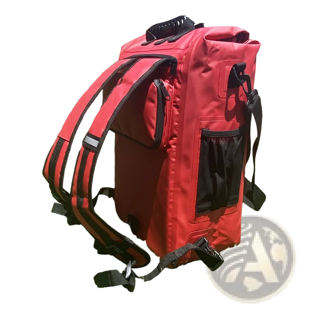 Waterproof bike pannier backpack 3 in 1 red with black straps roll-top closure and side mesh pockets