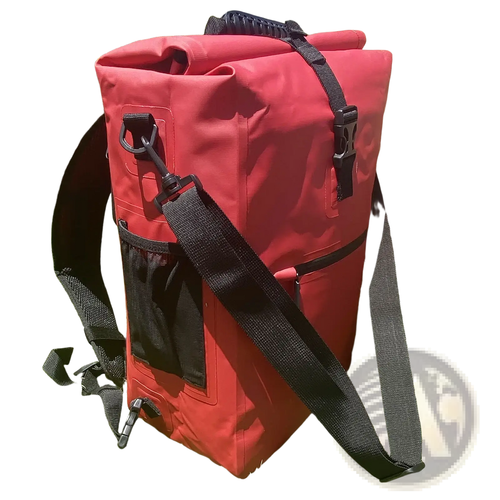 Red waterproof bike pannier backpack 3 in 1 dry bag with black straps and buckles for outdoor use