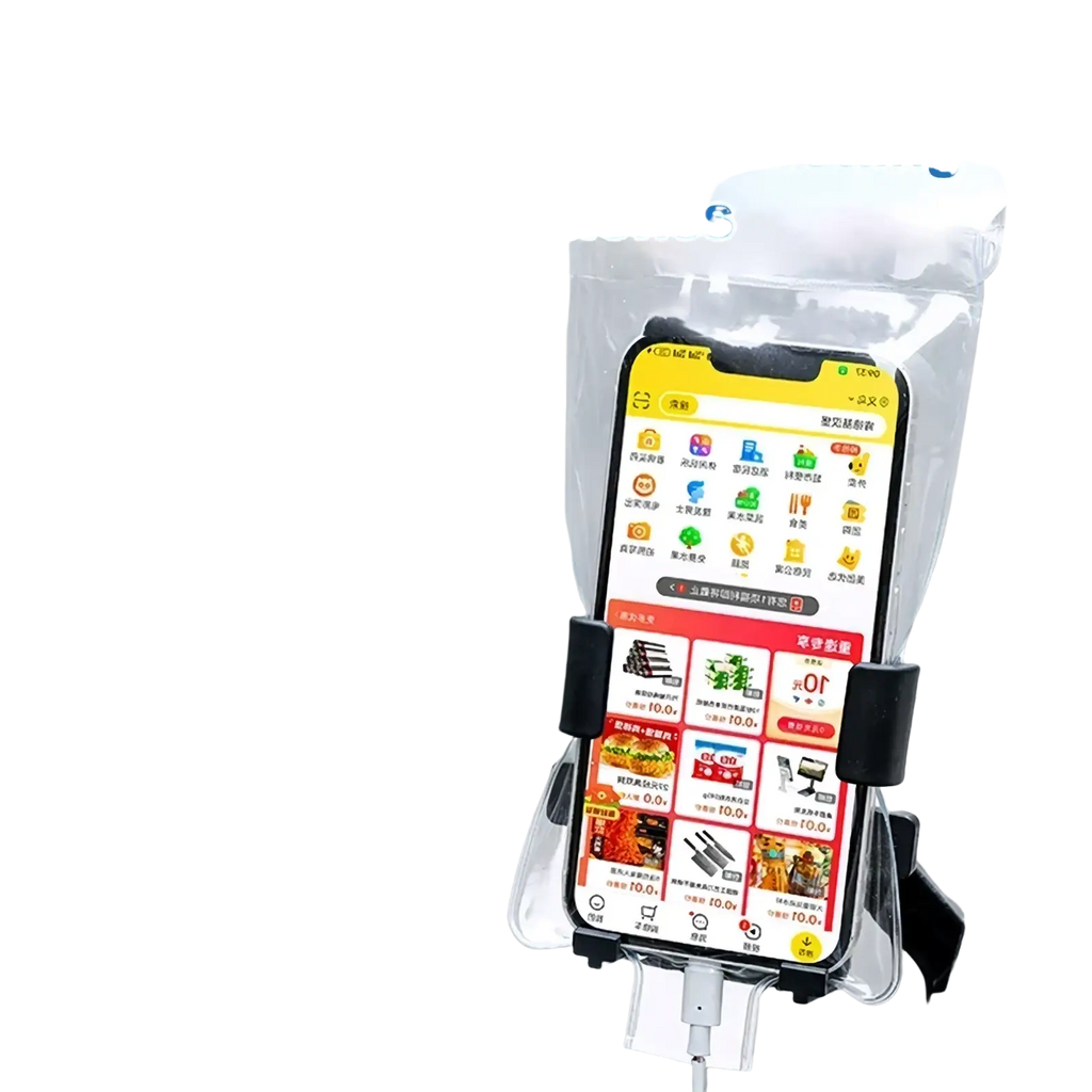 Clear plastic waterproof bike phone pouch with black adjustable clamps holding smartphone in rain cover