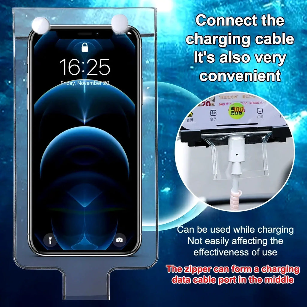Clear plastic waterproof bike phone pouch with integrated charging port shown from back side in 5 pack set