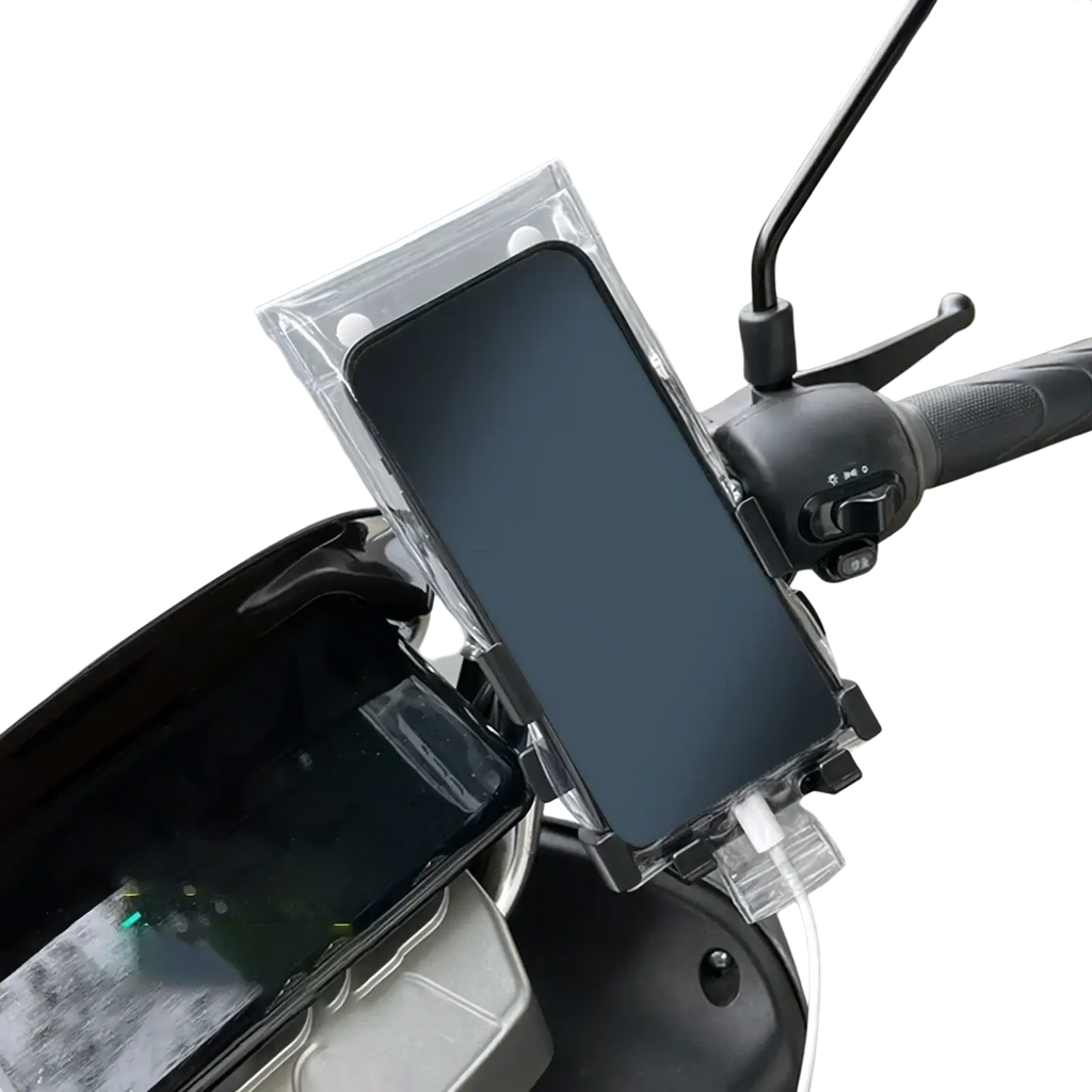 Clear plastic waterproof bike phone pouch bracket holding a smartphone on a scooter handlebar for rain protection