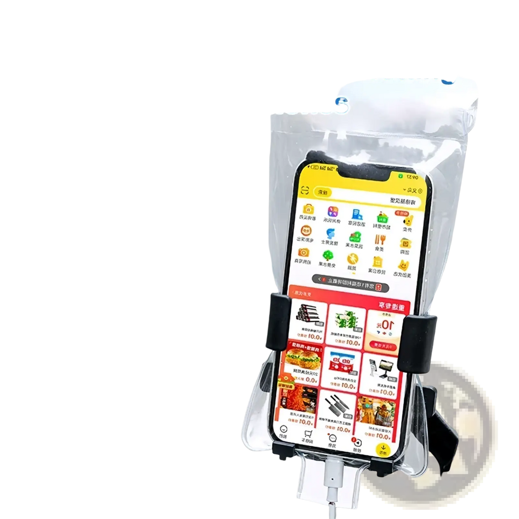 Clear plastic waterproof bike phone pouch with black adjustable clamps holding smartphone in rain cover