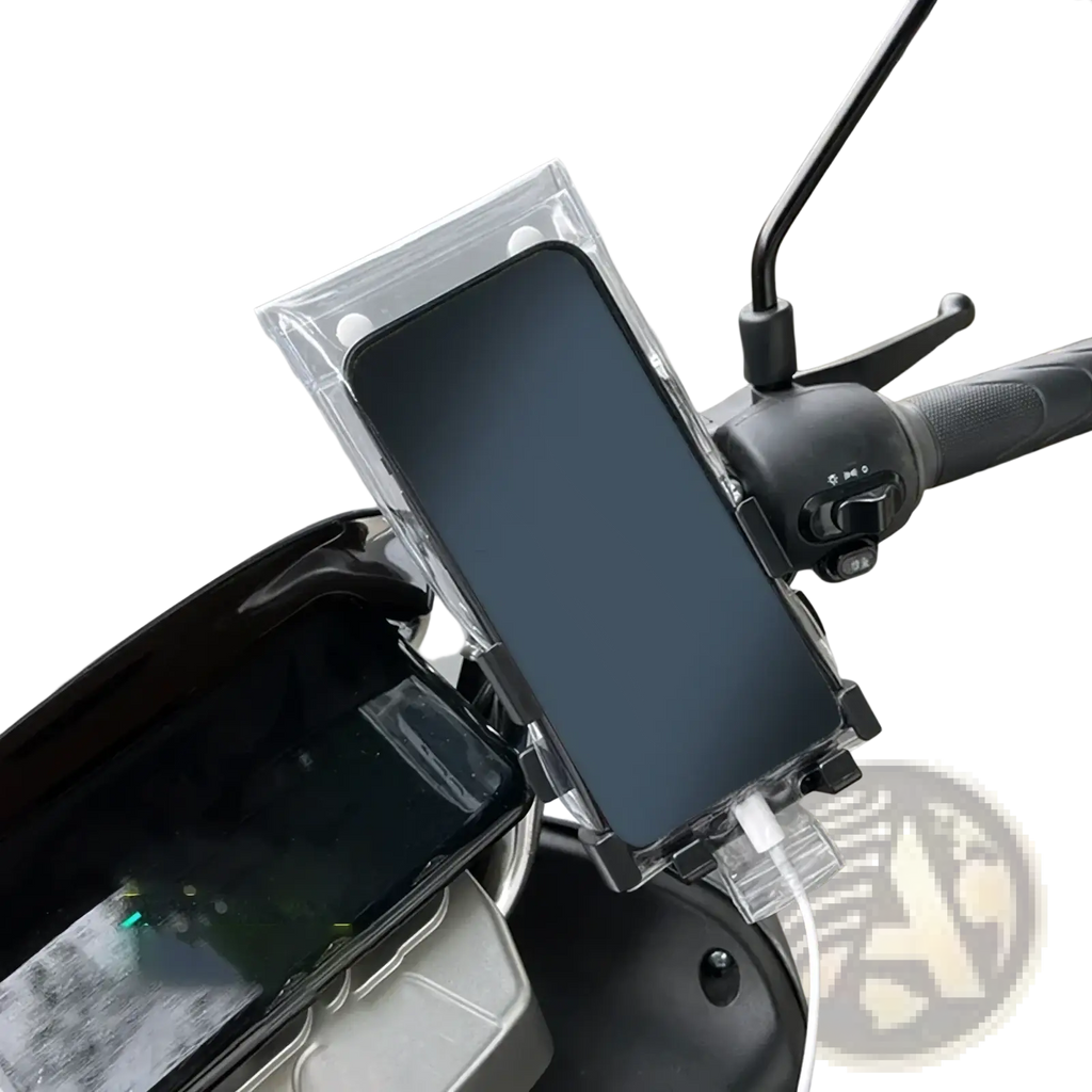 Clear plastic waterproof bike phone pouch bracket holding a smartphone on a scooter handlebar for rain protection