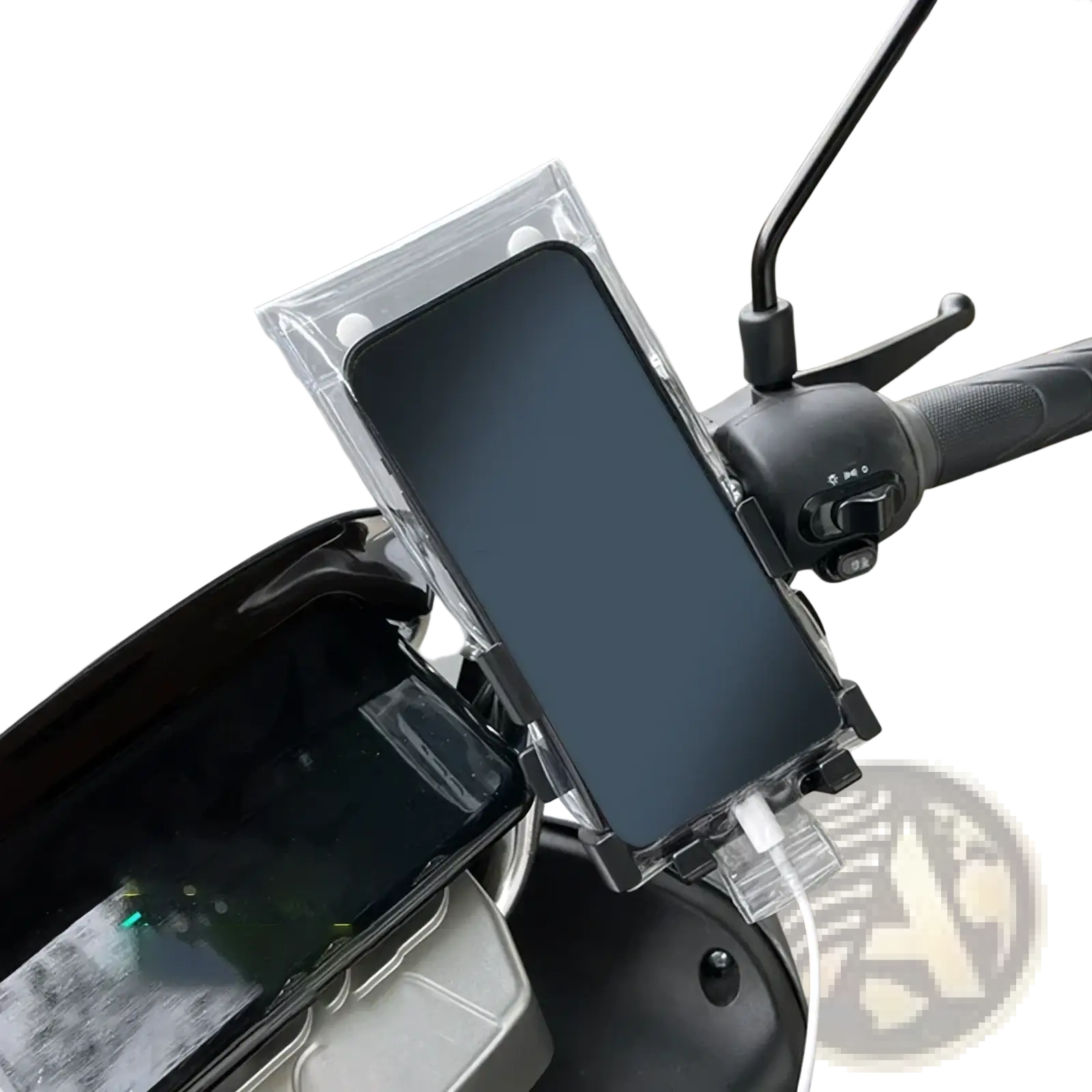 Clear plastic waterproof bike phone pouch bracket holding a smartphone on a scooter handlebar for rain protection