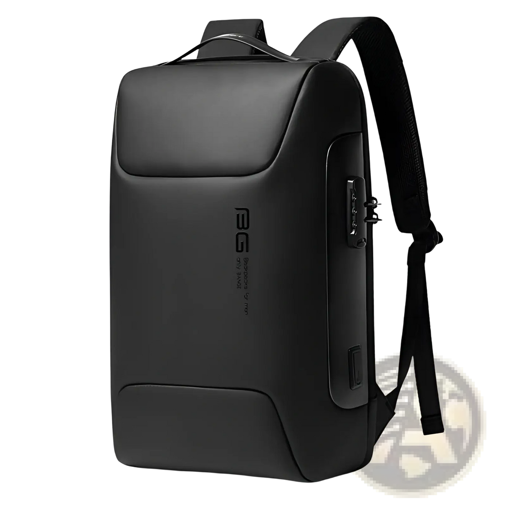 Black leather waterproof business laptop backpack with sleek design and side-mounted combination lock and usb port