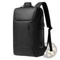 Black leather waterproof business laptop backpack with sleek design and side-mounted combination lock and usb port