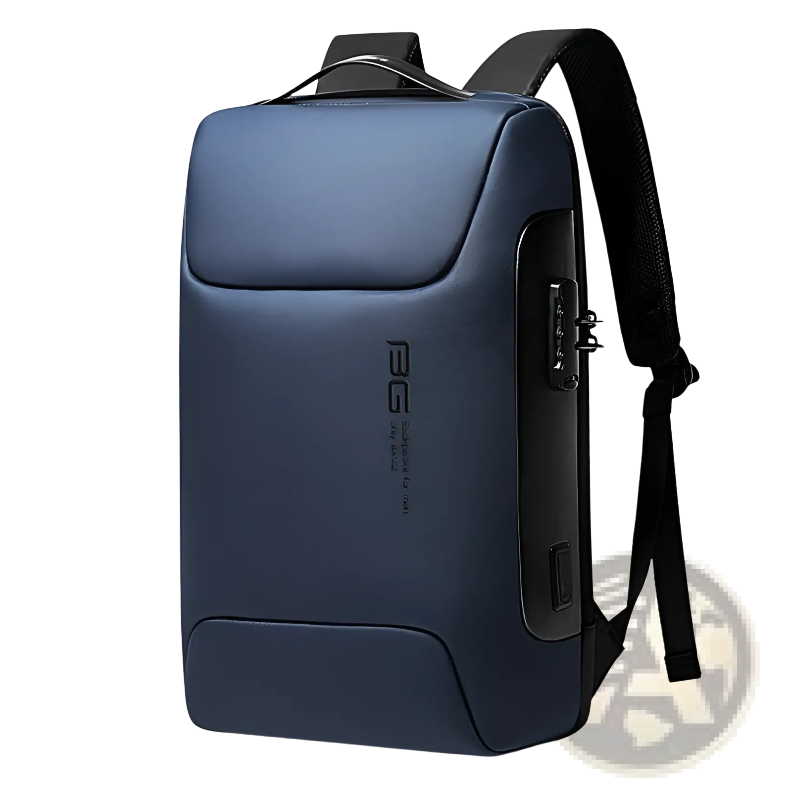 Navy blue waterproof business laptop backpack with textured fabric black shoulder straps and side combination lock