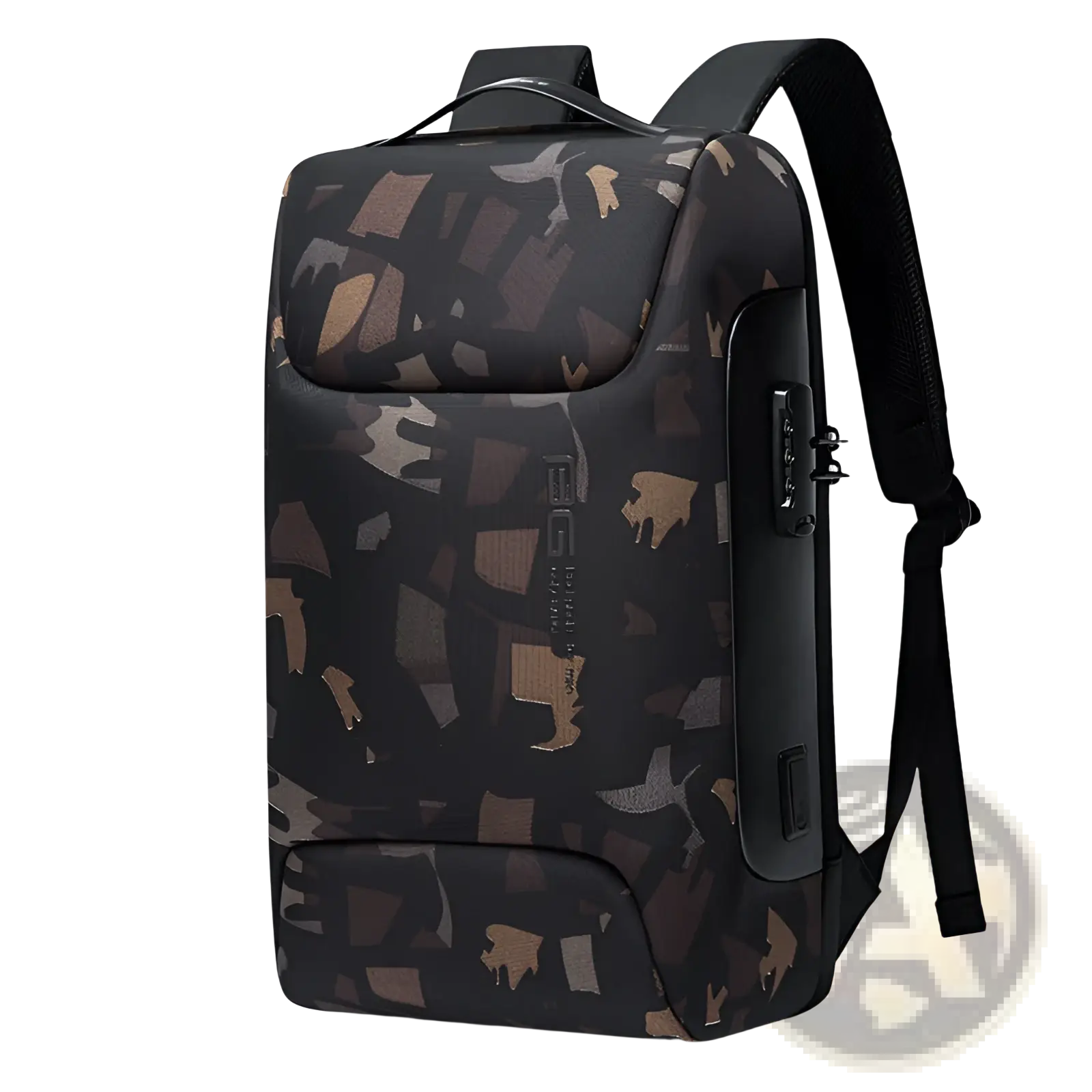 Black and brown camouflage waterproof business laptop backpack with usb port and secure side lock shown from back view