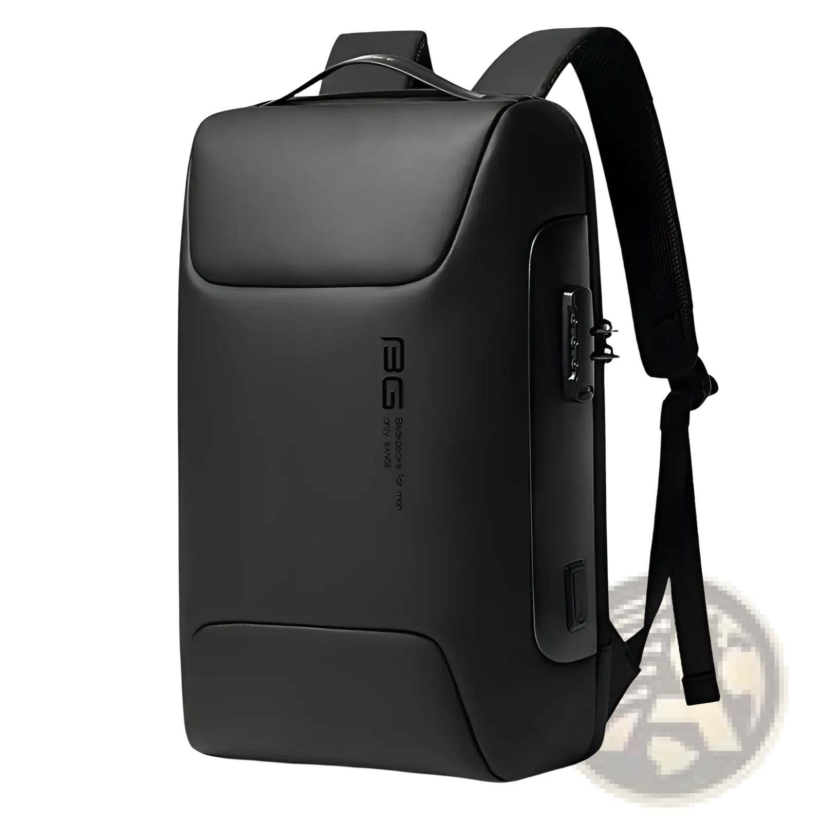 Black leather waterproof business laptop backpack with usb port and side-mounted combination lock shown from the back side