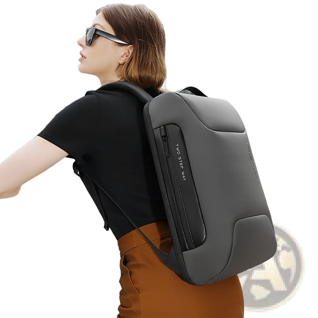 Dark gray sleek waterproof business laptop backpack with two step way zipper pull and usb port for modern professionals