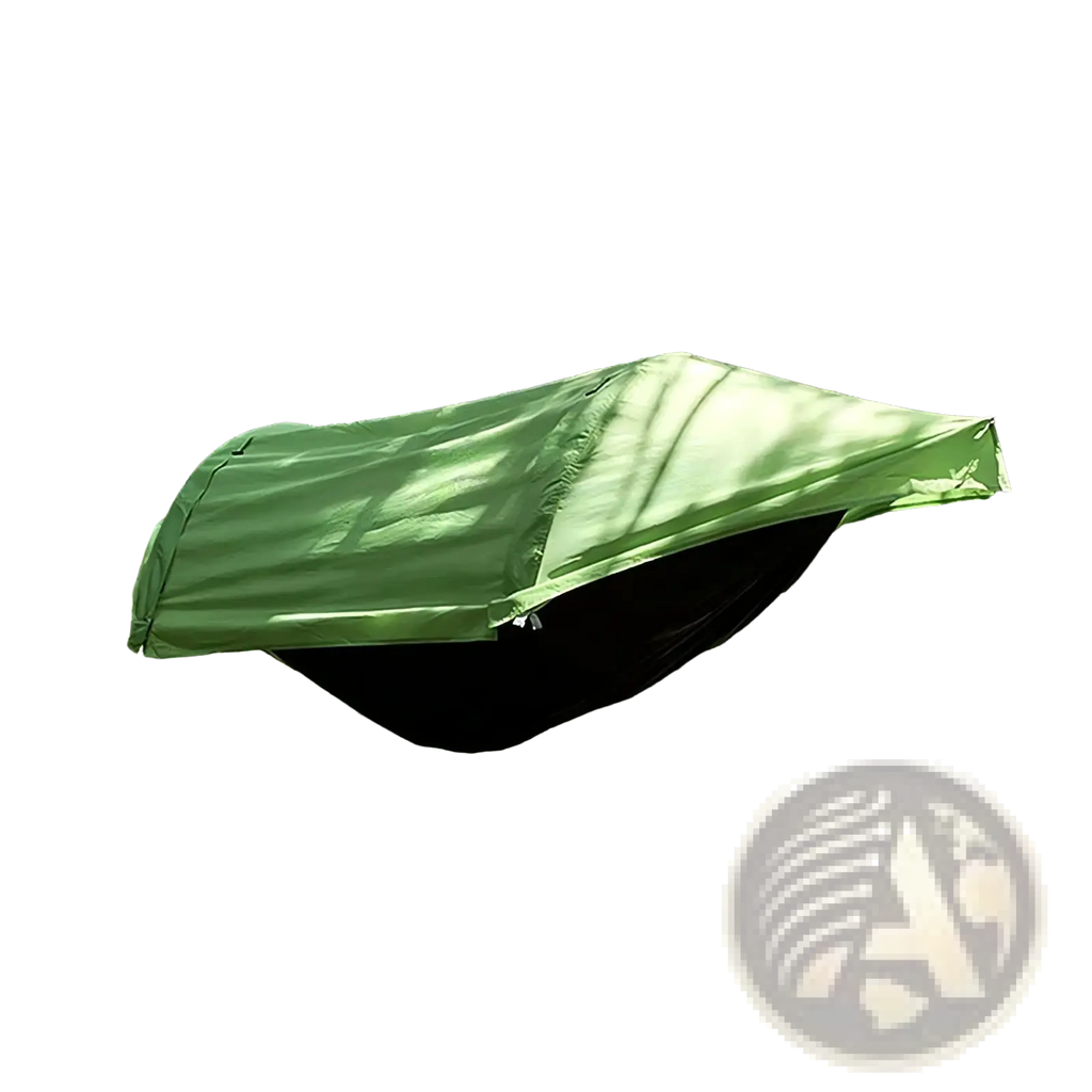 Waterproof camping hammock with mosquito net in green and black two-layer design with a waterproof outer shell for outdoor use