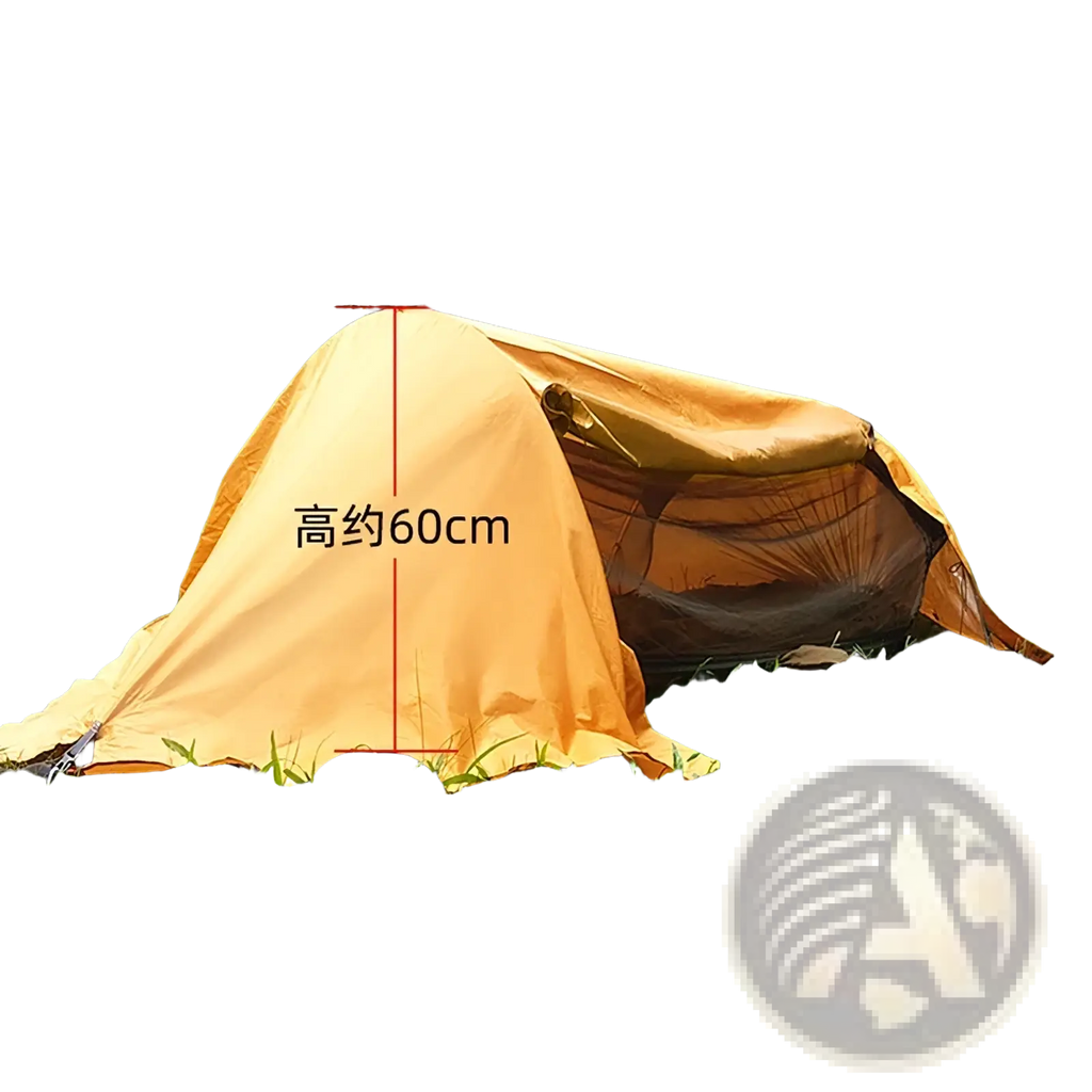 Orange waterproof camping hammock with mosquito net featuring mesh inner curtain designed for easy grassy terrain setup
