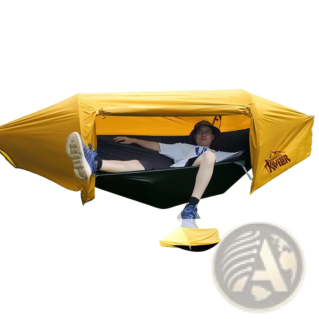 Yellow and black waterproof camping hammock with mosquito net and canopy roof designed for outdoor protection