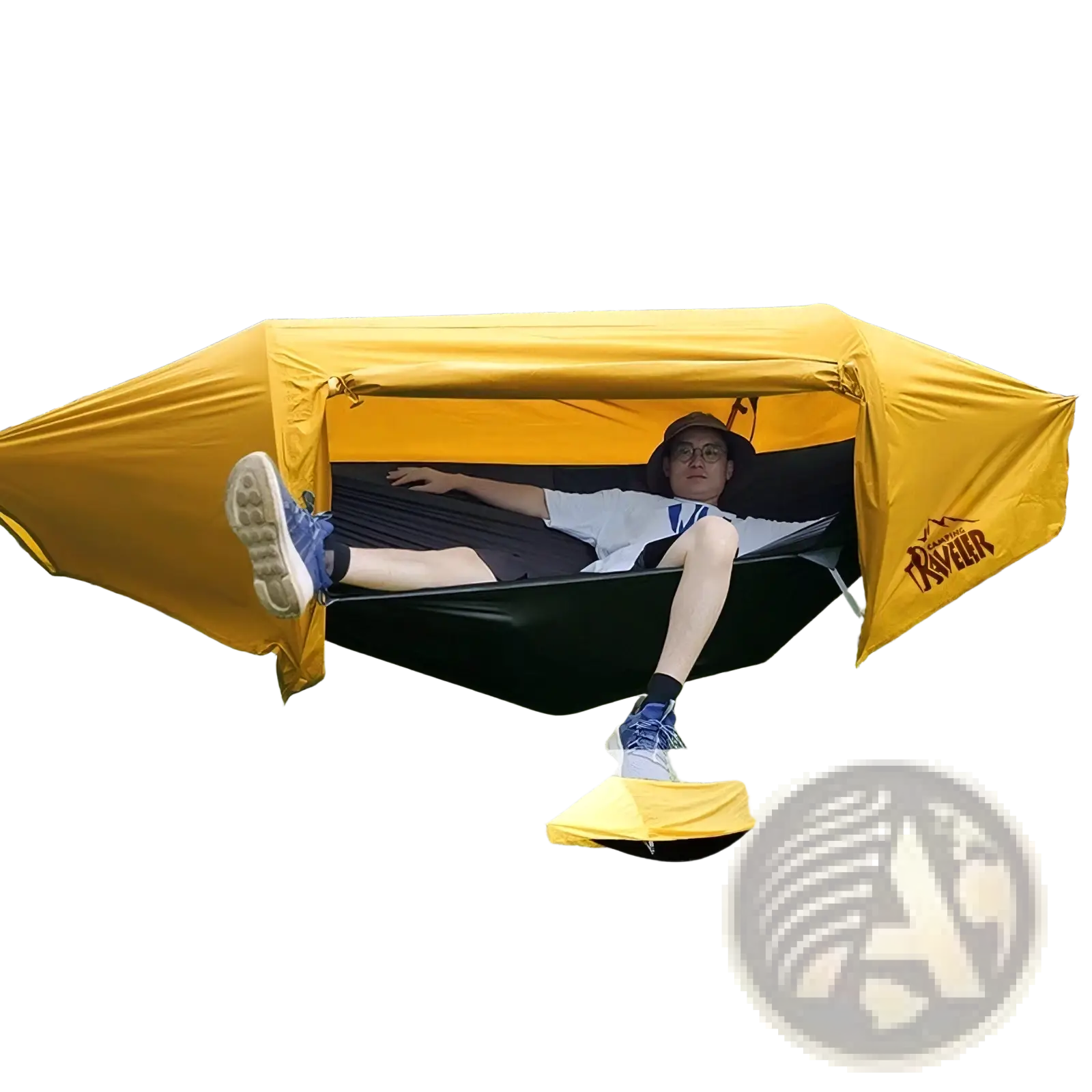 Yellow and black waterproof camping hammock with mosquito net and canopy roof designed for outdoor protection