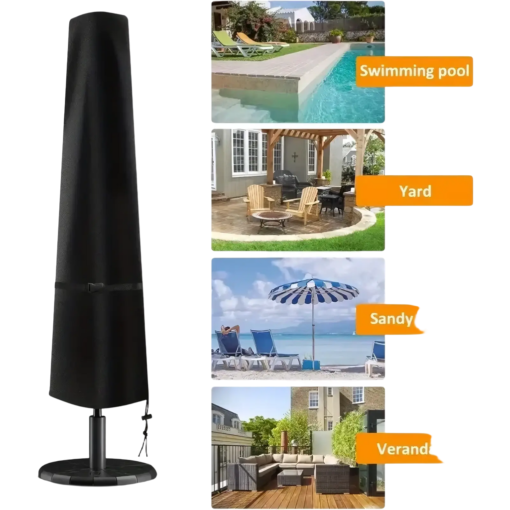 Black durable waterproof cantilever parasol cover made of fabric designed to protect tall outdoor umbrellas