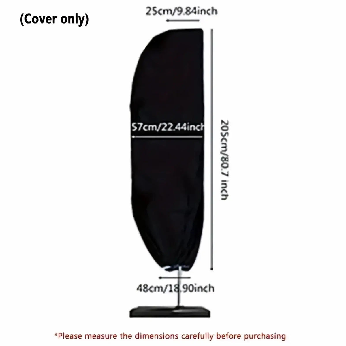 Black waterproof cantilever parasol cover made of fabric with elasticated bottom and sturdy base for outdoor protection