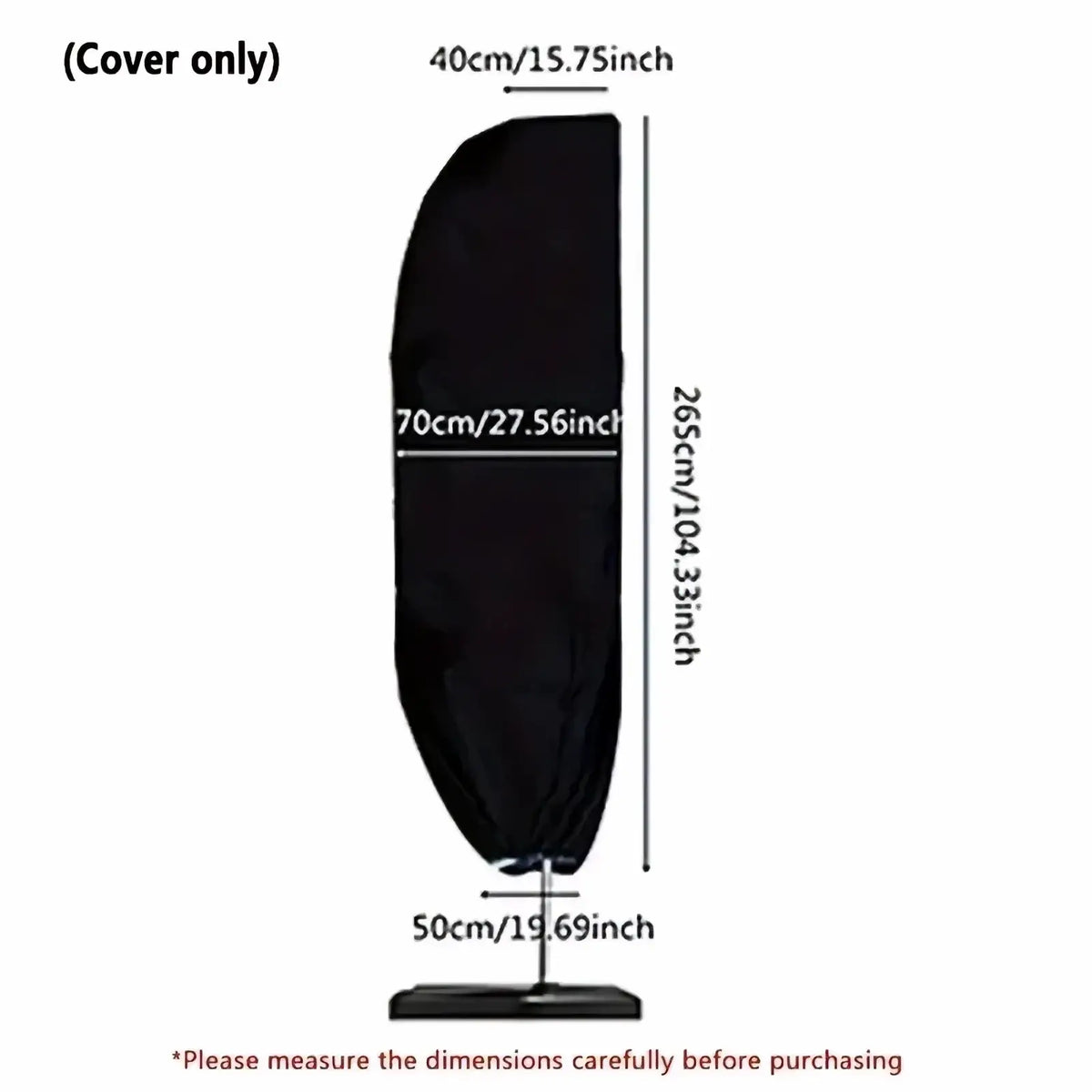 Black waterproof cantilever parasol cover made of fabric with measurements displayed for outdoor protection