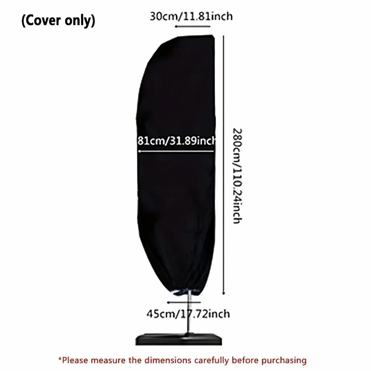 Black fabric waterproof cantilever parasol cover shown from the back side for outdoor umbrella protection
