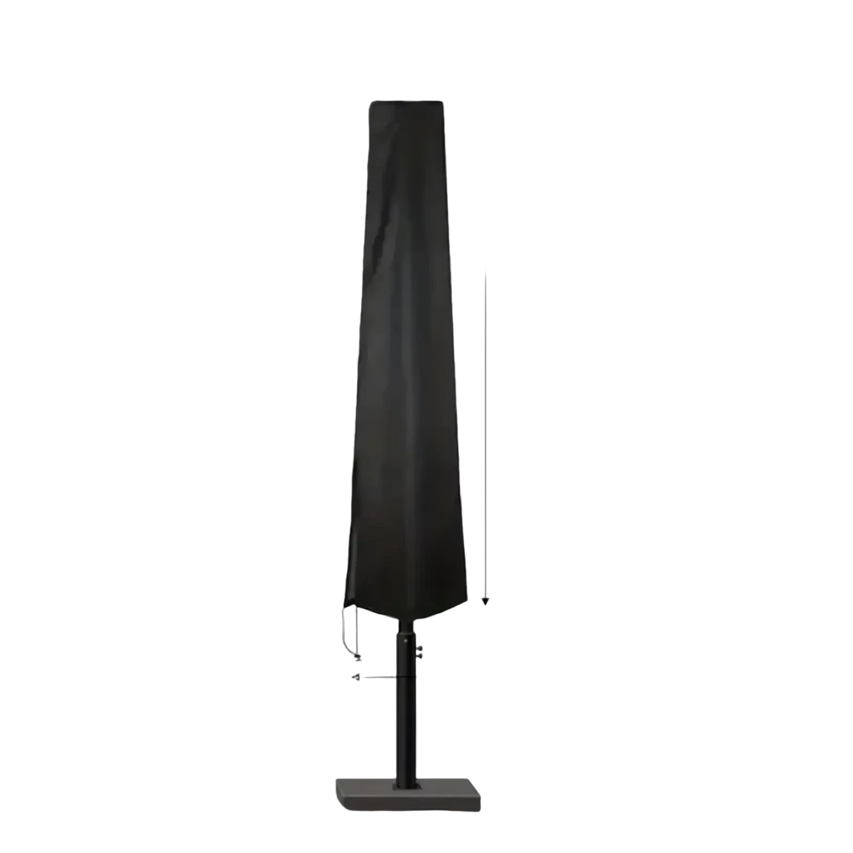 Black waterproof cantilever parasol cover with dimensions labeled for 190cm tall canopy 30cm wide 50cm pole