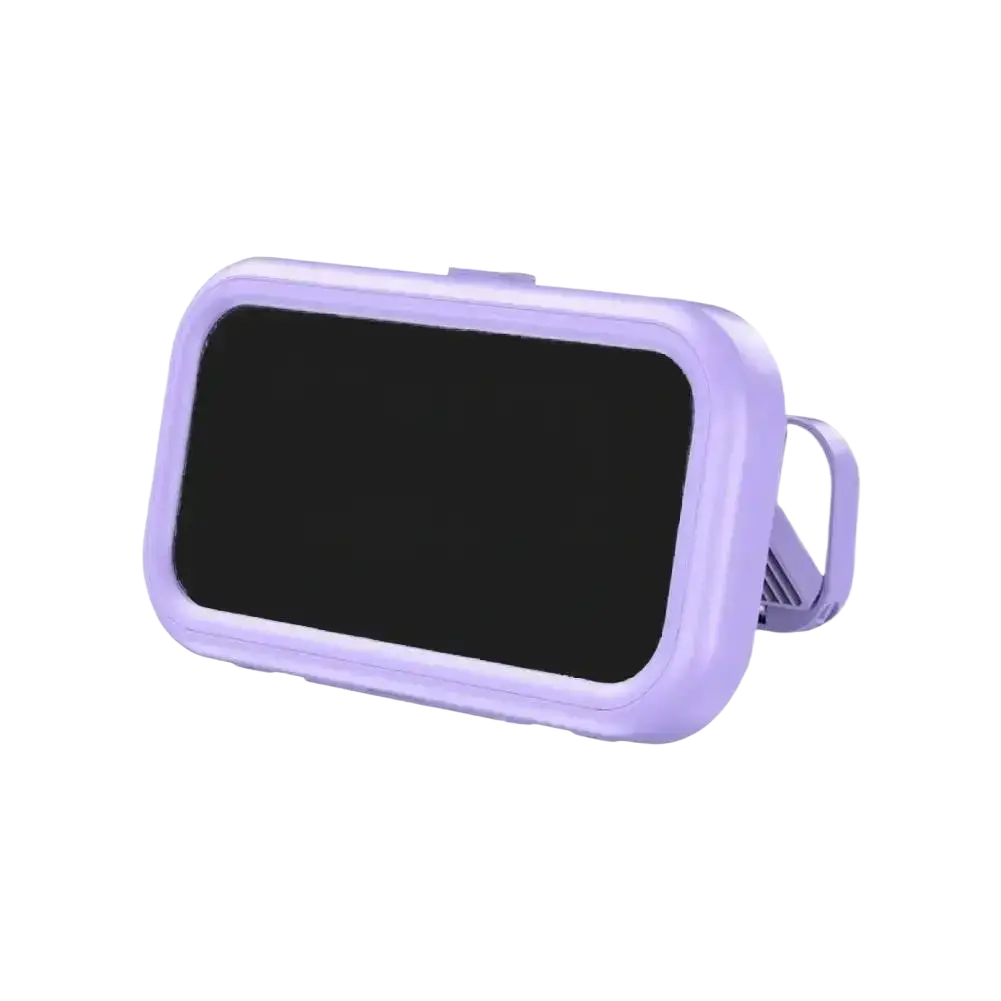 Lavender-colored plastic shower phone holder with clip and 360 degree rotating waterproof case design