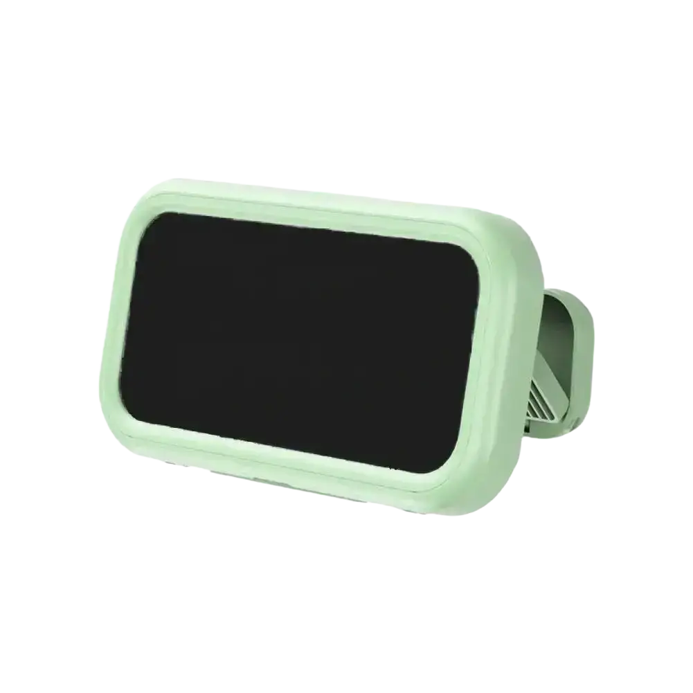 Mint green silicone waterproof case with a black screen and angled clamp phone holder for shower use