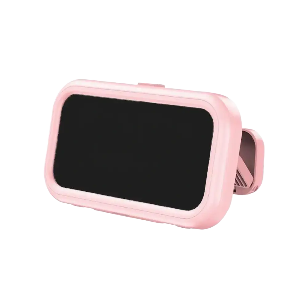 Pink plastic waterproof case 360 degree rotating shower phone holder with black screen area and clip mechanism