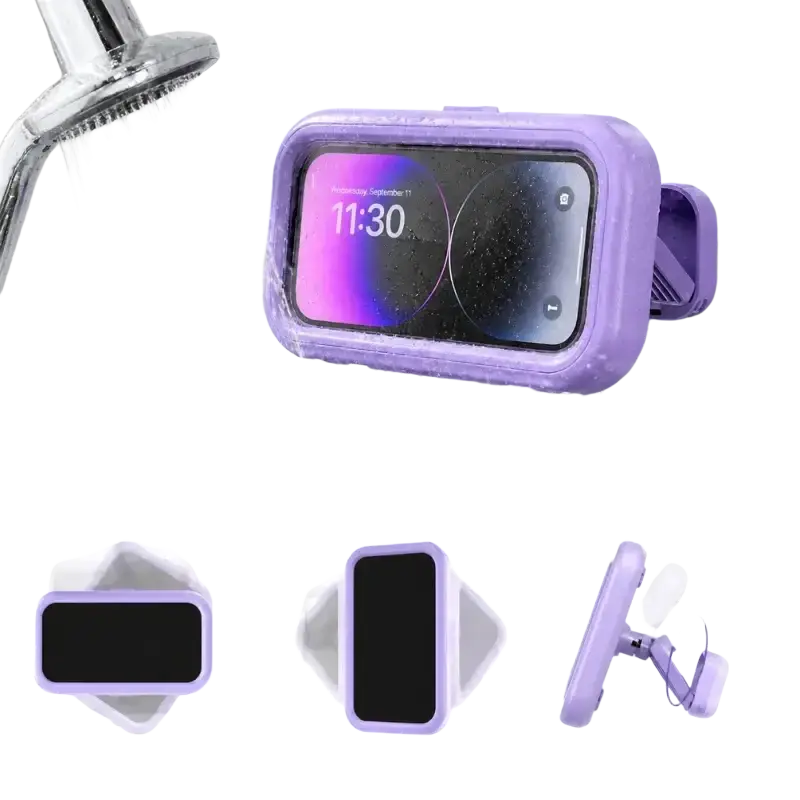Purple waterproof case with clip and 360 degree rotating mount phone holder for secure shower phone use