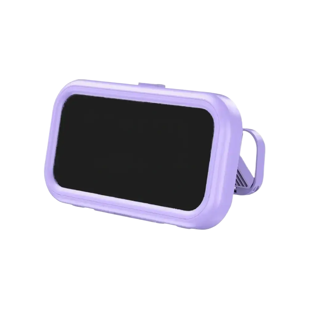 Purple plastic waterproof case shower phone holder with 360 degree rotating stand and side clip on black screen area