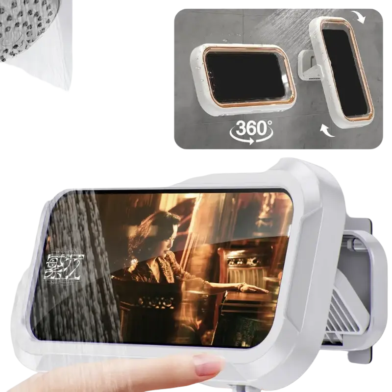 White rectangular waterproof case with rose gold trim featuring 360-degree rotation for shower phone mounting