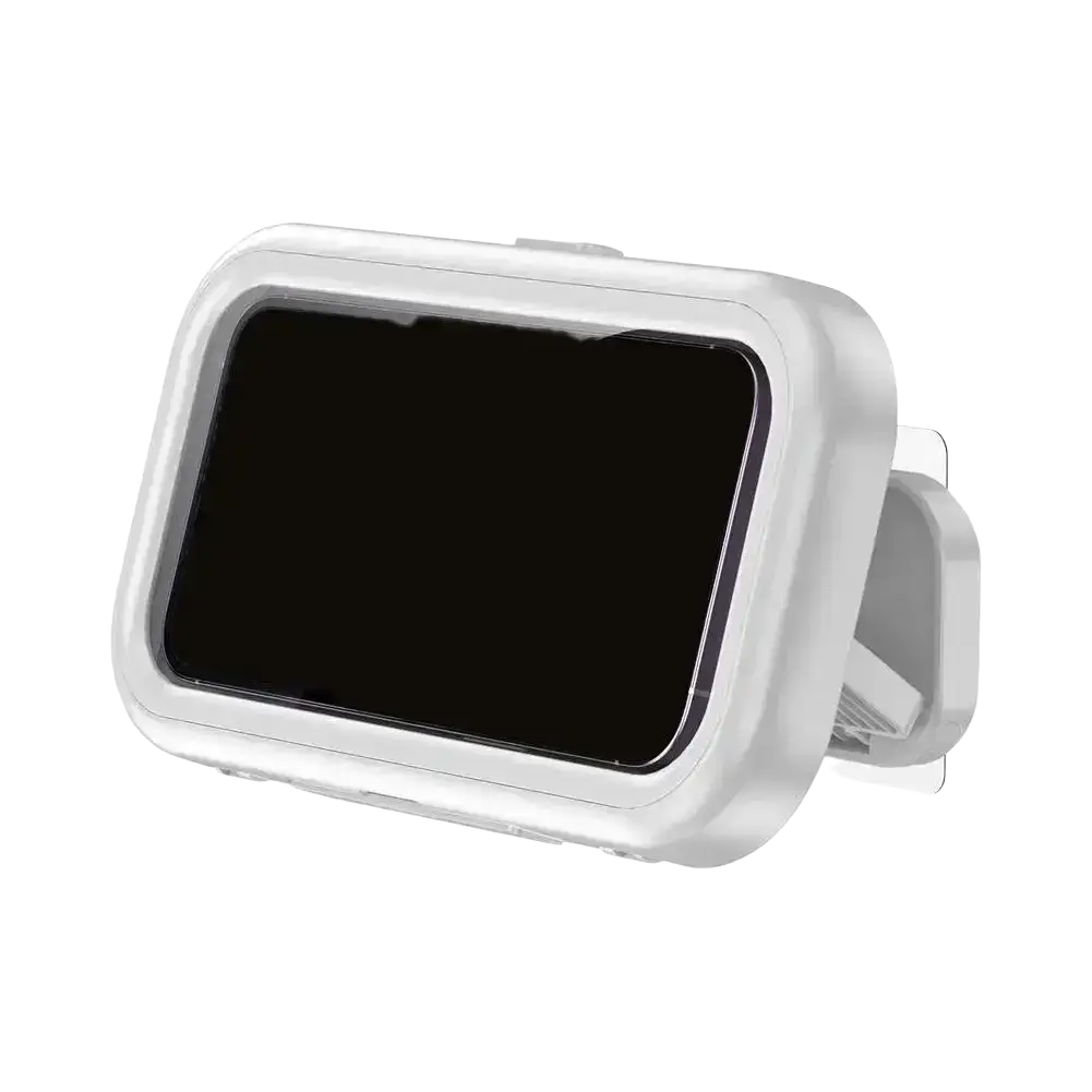White rectangular waterproof case with smooth plastic frame and black screen protector phone holder for shower use