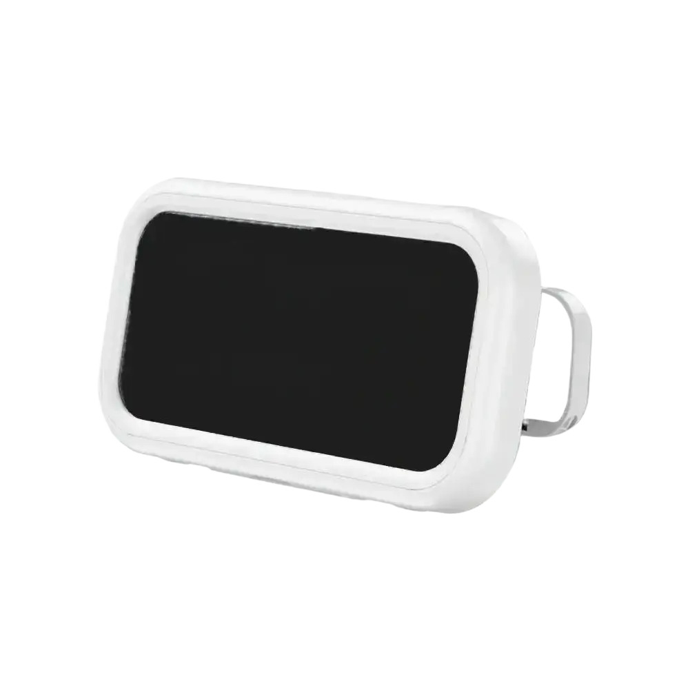 White rectangular waterproof case with black screen and silver metal loop for 360 degree rotating shower phone holder