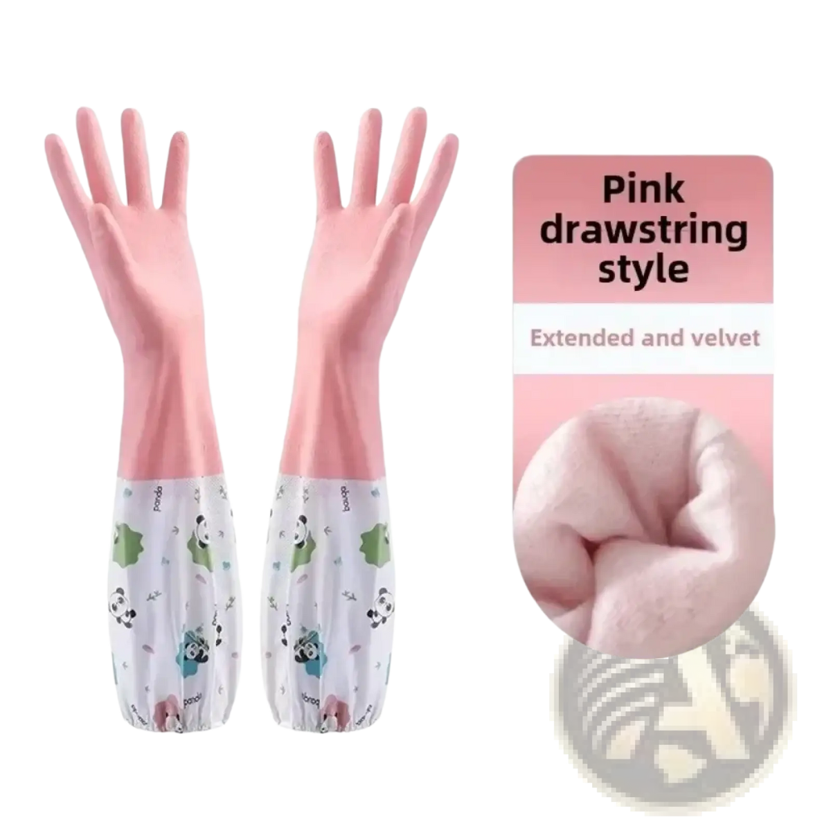 Waterproof pink drawstring kitchen gloves with extended velvet-lined cuffs featuring a playful panda print