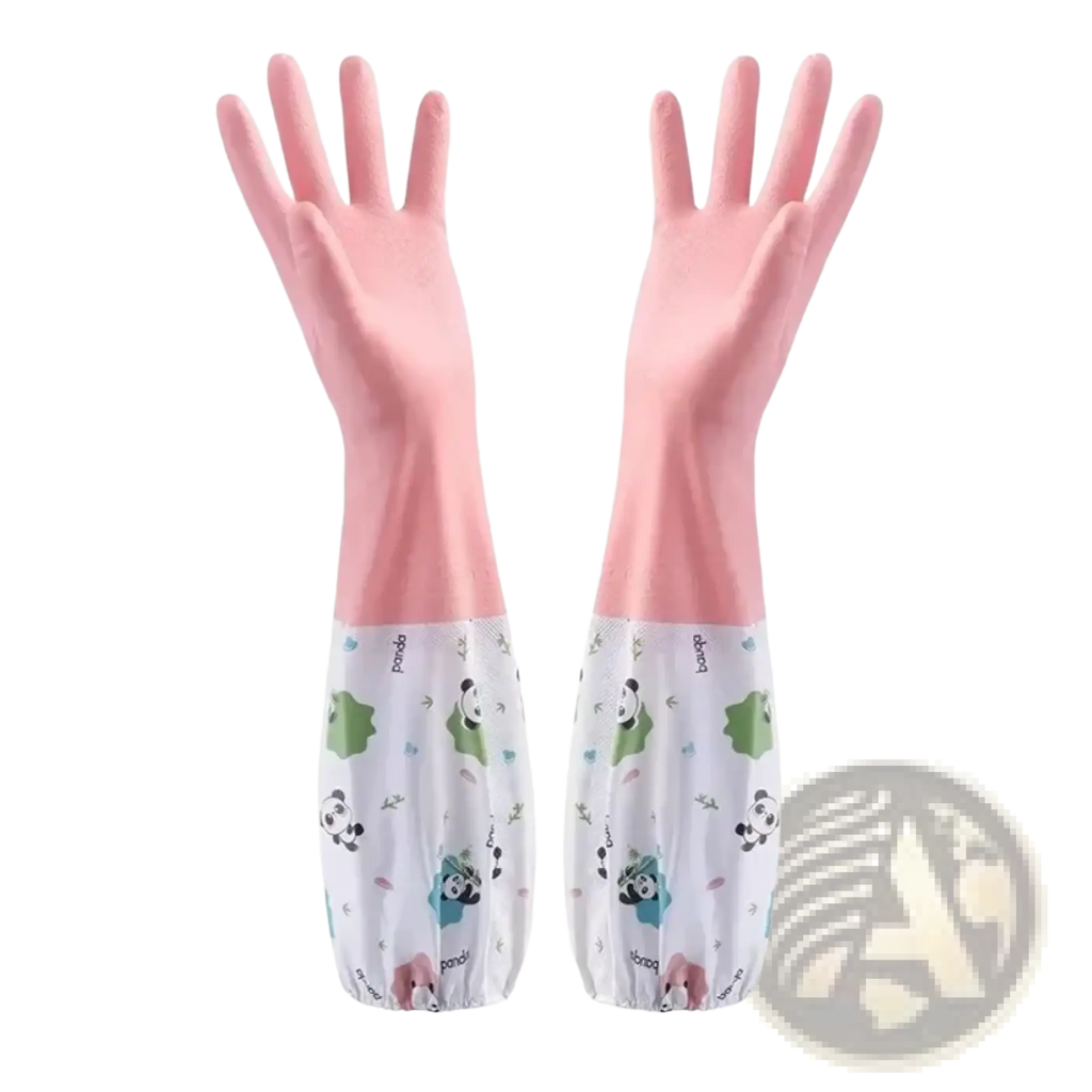Waterproof pink rubber cleaning gloves with white panda-patterned elastic cuffs for household use