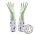 Waterproof light green rubber cleaning gloves with white panda-themed fabric cuffs for household use