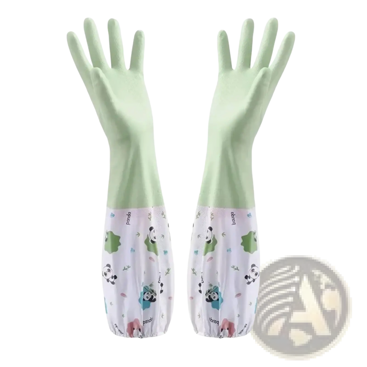 Waterproof light green rubber cleaning gloves with white panda-themed fabric cuffs for household use