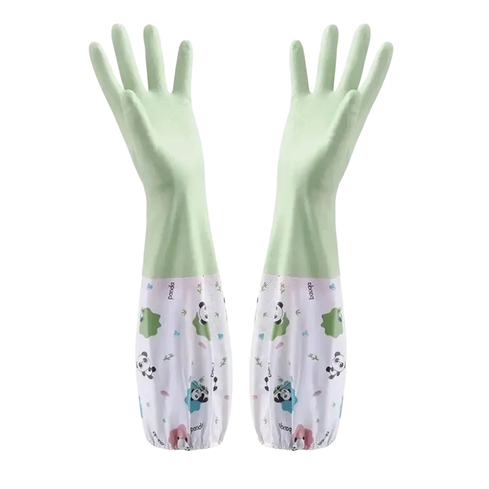 Waterproof light green rubber cleaning gloves with white panda-themed fabric cuffs for household use