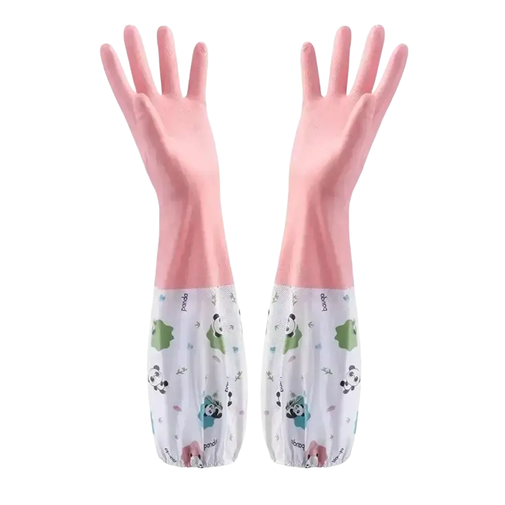 Pink waterproof cleaning gloves with panda-patterned white fabric cuffs for effective waterproof cleaning use