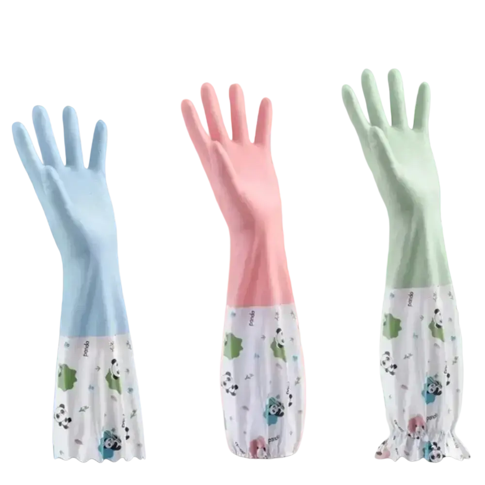 Three colorful waterproof cleaning gloves with long sleeves made of rubber and panda-patterned cuffs