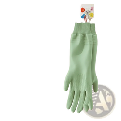 Light green durable rubber waterproof dishwashing gloves for women with ribbed wristband and textured grip on fingers