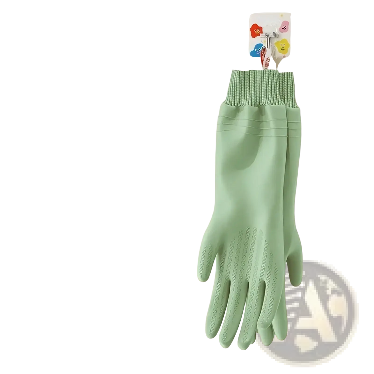 Light green durable rubber waterproof dishwashing gloves for women with ribbed wristband and textured grip on fingers
