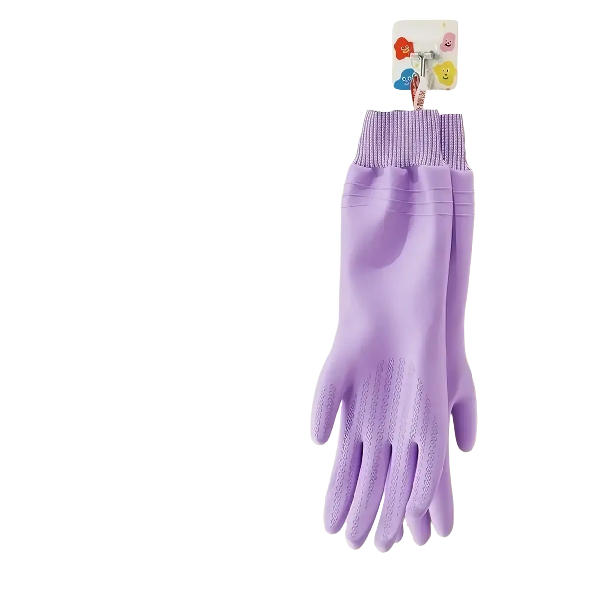 Lavender waterproof dishwashing gloves with textured grip and ribbed wrist cuff designed for women