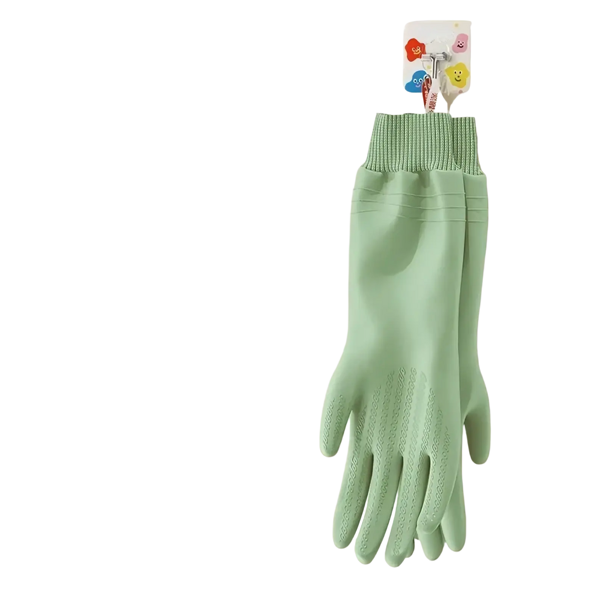 Light green durable rubber waterproof dishwashing gloves for women with ribbed wristband and textured grip on fingers