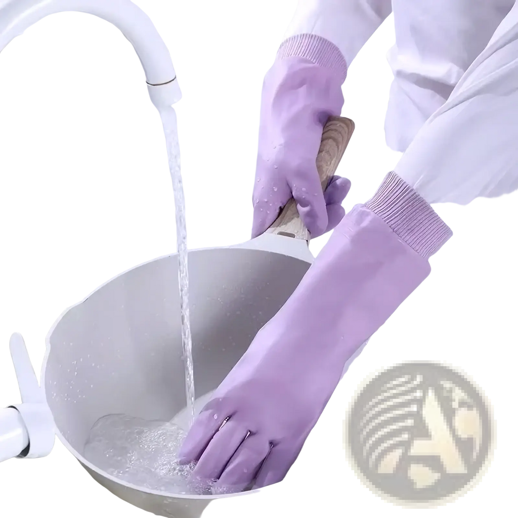 Purple waterproof rubber dishwashing gloves for women with ribbed cuffs shown from the back side
