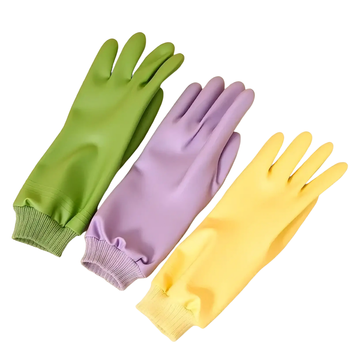 Set of three waterproof single-layer rubber dishwashing gloves for women in green purple and yellow with fleece-lined cuffs