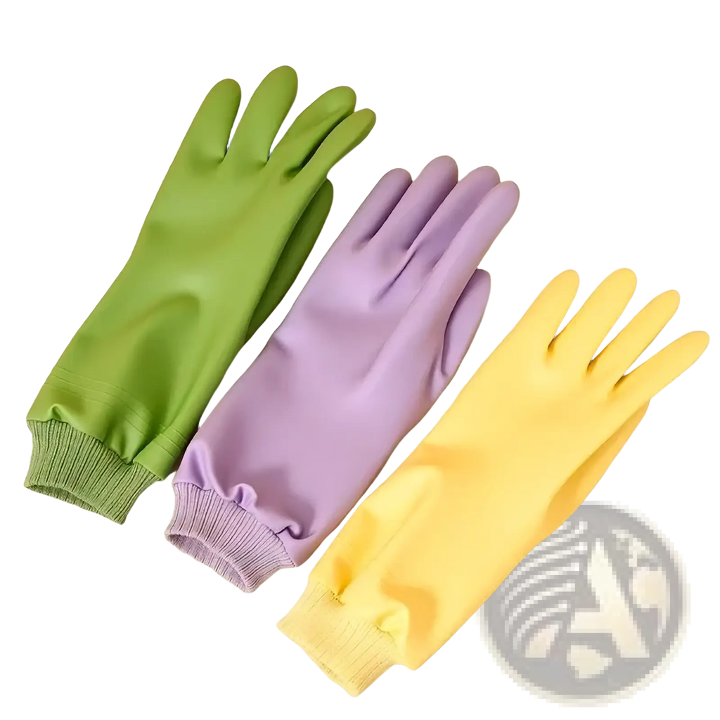 Set of three waterproof single-layer rubber dishwashing gloves for women in green purple and yellow with fleece-lined cuffs