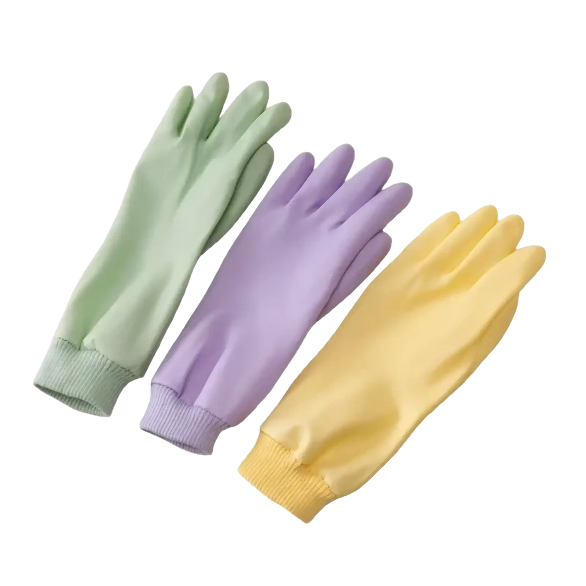 Set of three pastel-colored waterproof rubber dishwashing gloves for women with ribbed cuffs