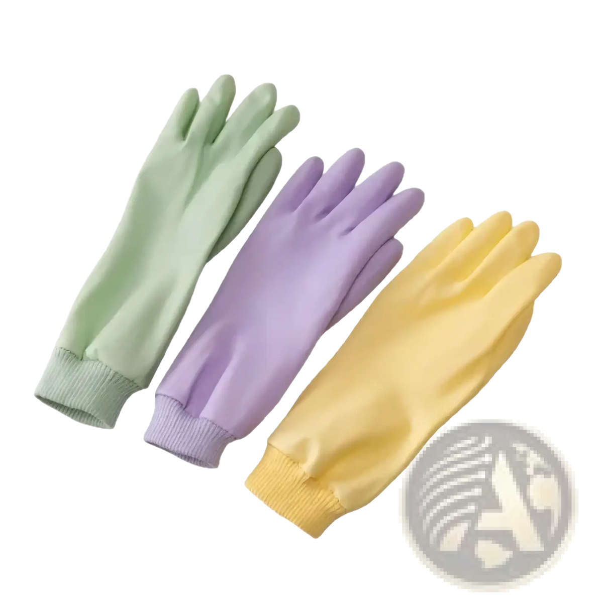 Set of three pastel-colored waterproof rubber dishwashing gloves for women with ribbed cuffs